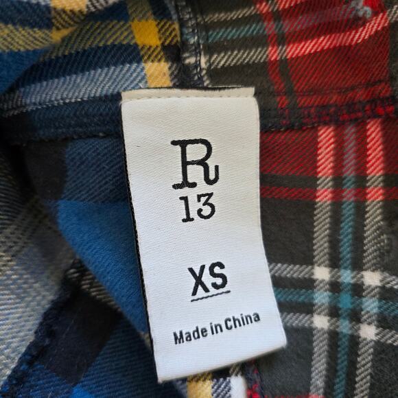 R13 Plaid Piece Long Sleeve Button Up Shirt Mens XS/ Womens M Patchwork - Picture 9 of 12